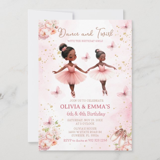 Invitación Cumpleaños Conjunta de Ballerina Americana Rosa (Anverso)