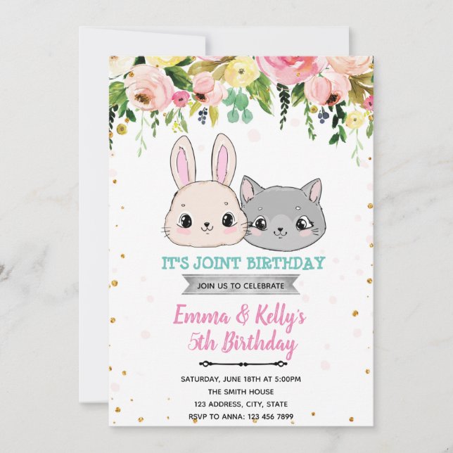 Invitación Cumpleaños conjunta de gato y conejo (Anverso)