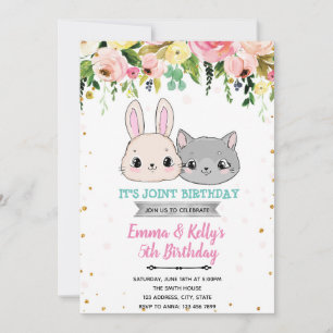 Invitación Cumpleaños conjunta de gato y conejo 