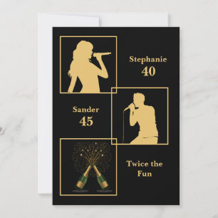 Invitación Cumpleaños conjunta doble del oro negro divertido