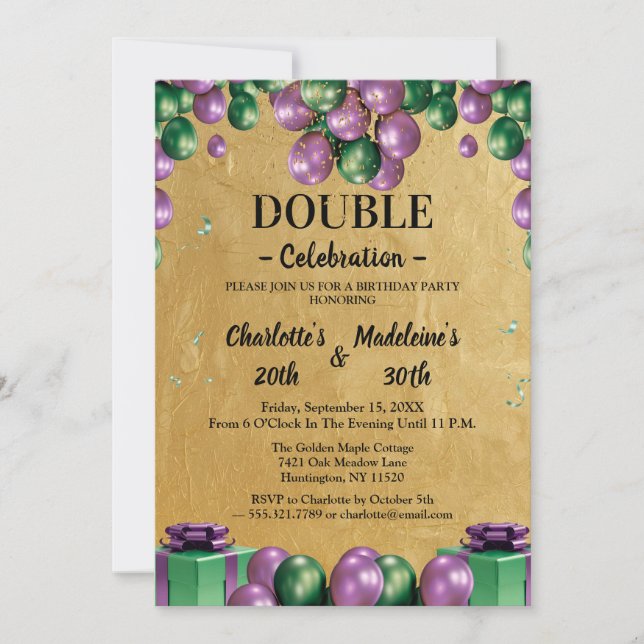 Invitación Cumpleaños conjunto con globos verdes y morados de (Anverso)