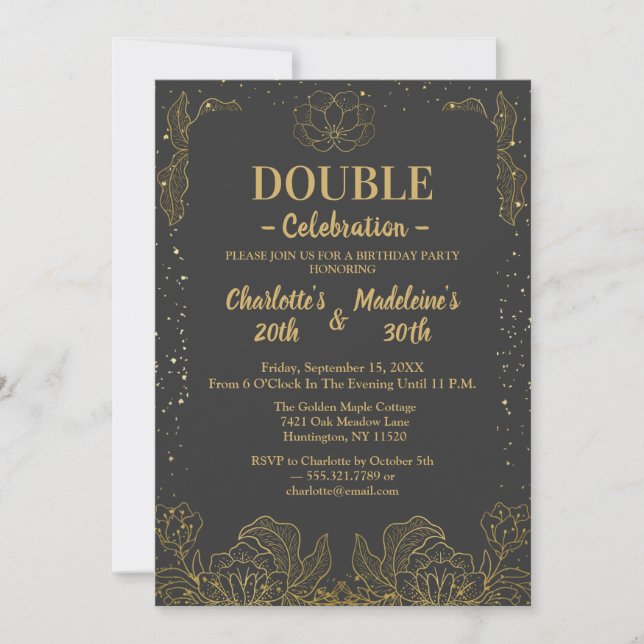 Invitación Cumpleaños conjunto de botánicos elegantes en negr (Anverso)