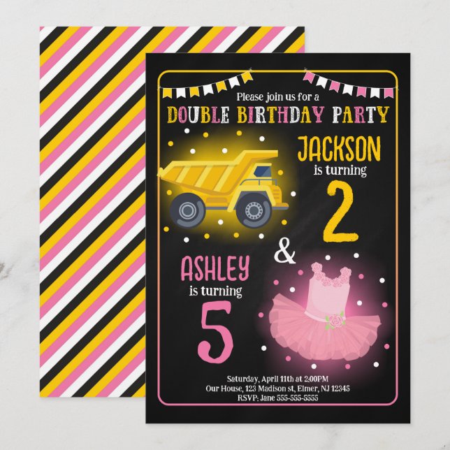 Invitación Cumpleaños conjunto de camión de construcción y Tu (Anverso / Reverso)