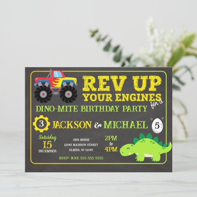 Invitación Cumpleaños conjunto de Camión Monstruo y Dinosauri (Anverso de pie)