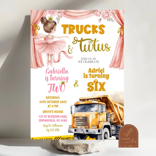 Invitación Cumpleaños conjunto de camiones y tutús (Subido por el creador)