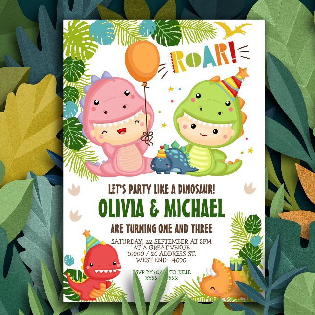 Invitación Cumpleaños Conjunto de Chico y Chica Dinosaurio (Subido por el creador)