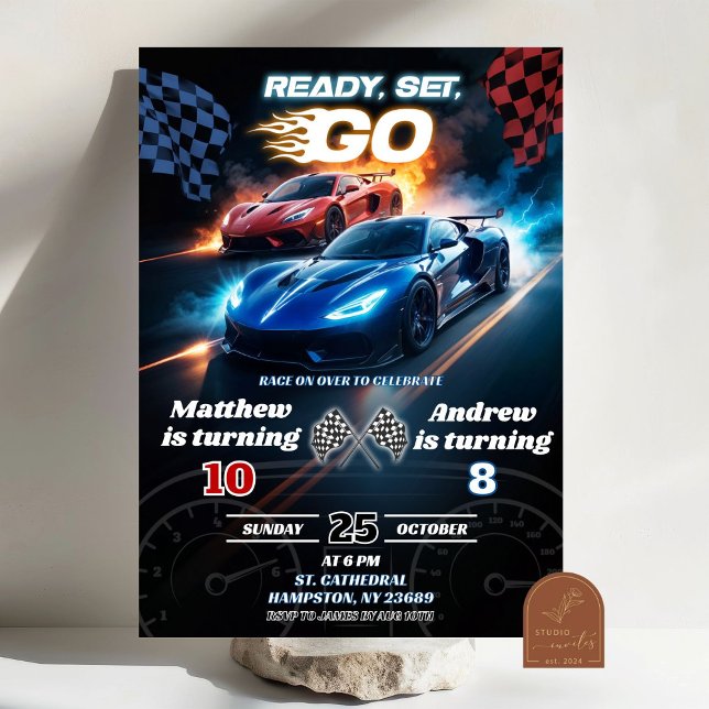 Invitación Cumpleaños conjunto de coche de carreras rápido ro (Subido por el creador)