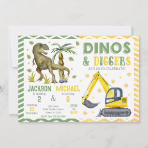 Invitación Cumpleaños conjunto de dinosaurio y construcción