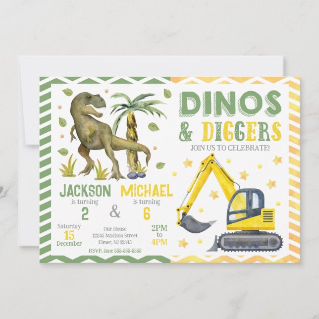 Invitación Cumpleaños conjunto de dinosaurio y construcción (Anverso)