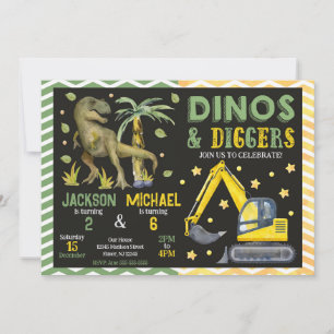 Invitación Cumpleaños conjunto de dinosaurio y construcción