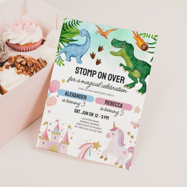 Invitación Cumpleaños conjunto de dinosaurio y unicornio para (Joint Kids Birthday Invitation - Dinosaur & Unicorns)