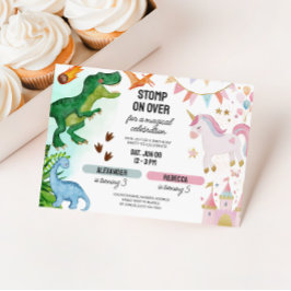 Invitación Cumpleaños conjunto de dinosaurio y unicornio para