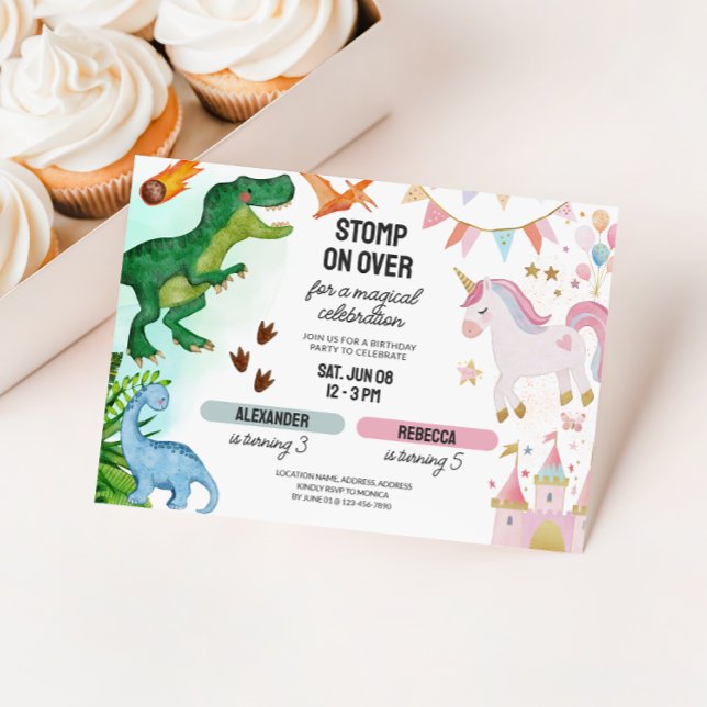 Invitación Cumpleaños conjunto de dinosaurio y unicornio para (Joint Dinosaur Unicorn Kids Birthday Invitation)