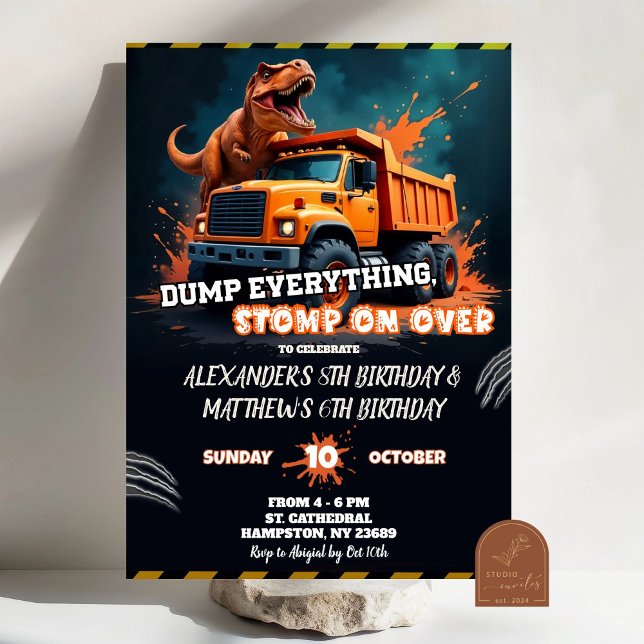 Invitación Cumpleaños conjunto de dinosaurio y volquete (Subido por el creador)