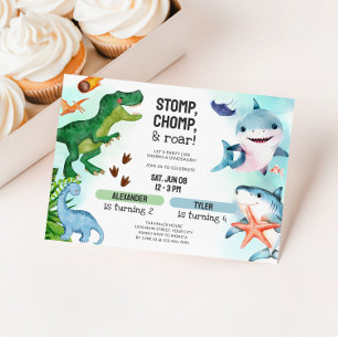Invitación Cumpleaños conjunto de dinosaurios y tiburones her