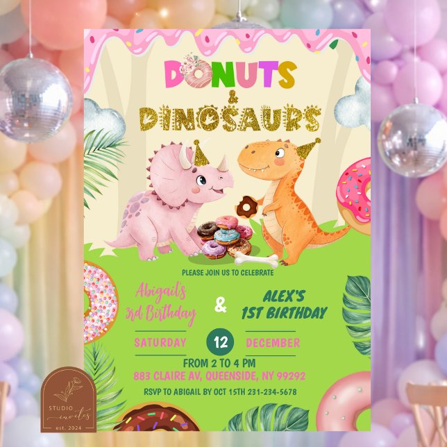 Invitación Cumpleaños conjunto de donut dulce rosa y dinosaur (Subido por el creador)