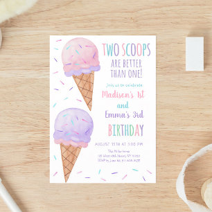 Invitación Cumpleaños conjunto de dos bolas de helado rosa y
