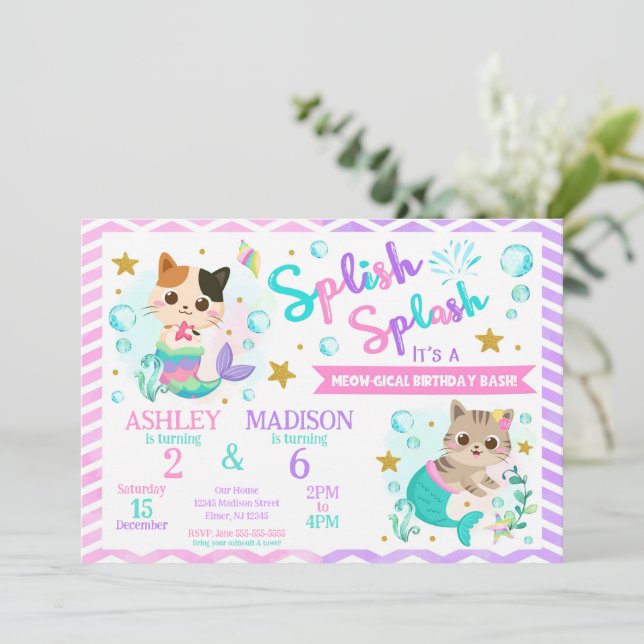 Invitación Cumpleaños conjunto de gato sirena | Parque acuáti (Anverso de pie)