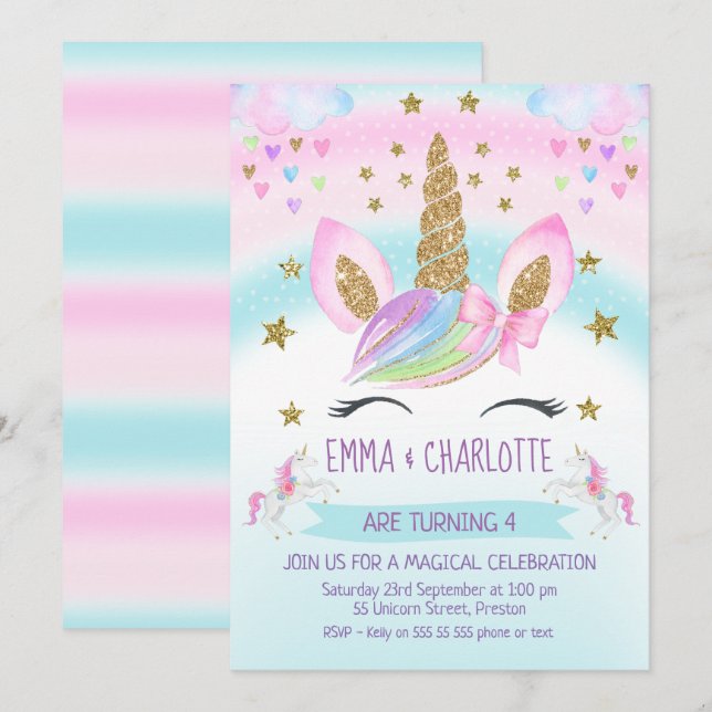 Invitación cumpleaños conjunto de gemelos arcoiris faux Gold  (Anverso / Reverso)