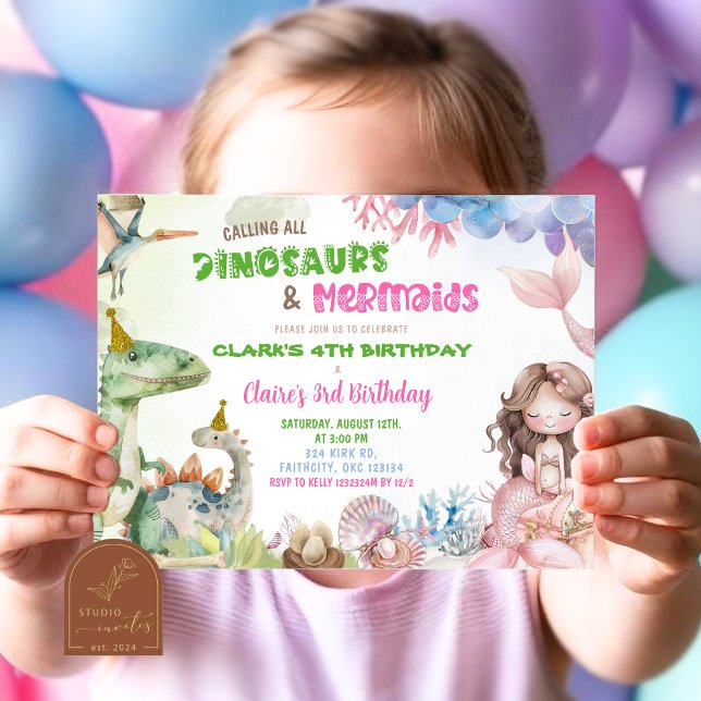 Invitación Cumpleaños conjunto de gemelos de sirena y dinosau (Subido por el creador)