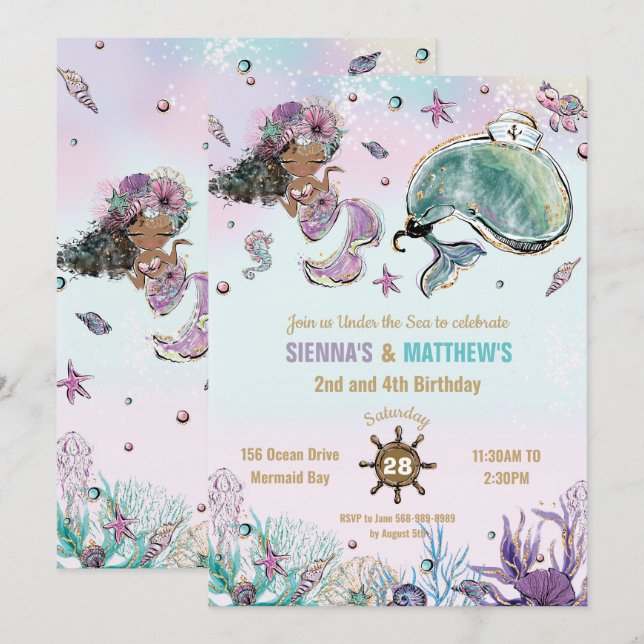Invitación Cumpleaños conjunto de gemelos piratas de la siren (Anverso / Reverso)