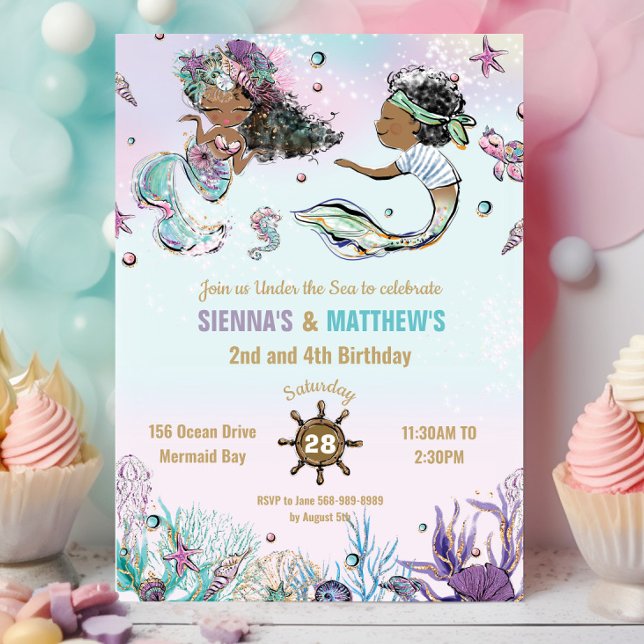 Invitación Cumpleaños conjunto de gemelos piratas de sirena m (Subido por el creador)