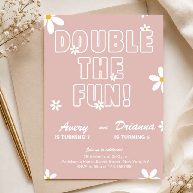 Invitación Cumpleaños conjunto de hermana con margarita rosa (double the fun invitation, twin birthday invite, joint birthday party, sibling birthday invite, pink)