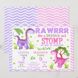 Invitación Cumpleaños conjunto de hermanas dinosaurio