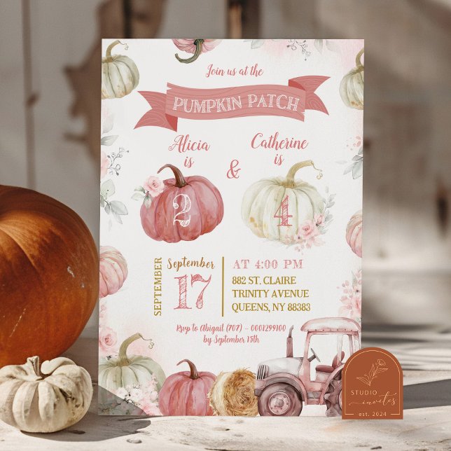 Invitación Cumpleaños conjunto de hermanas en Pink Pumpkin Pa (Subido por el creador)