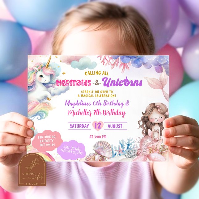 Invitación Cumpleaños conjunto de hermanas sirenas y dinosaur (Subido por el creador)