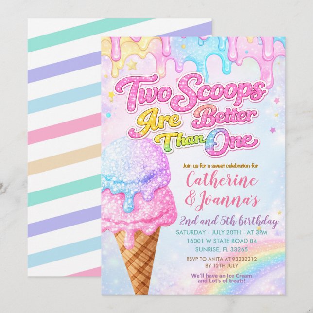 Invitación Cumpleaños conjunto de hermano con doble bola de h (Anverso / Reverso)