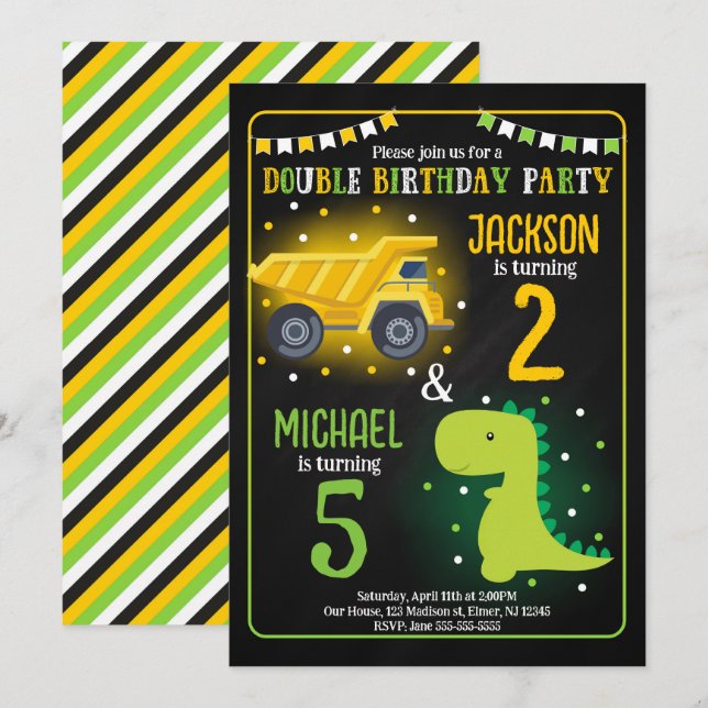 Invitación Cumpleaños conjunto de hermano dinosaurio camión d (Anverso / Reverso)