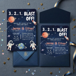 Invitación Cumpleaños conjunto de hermano en el espacio exter