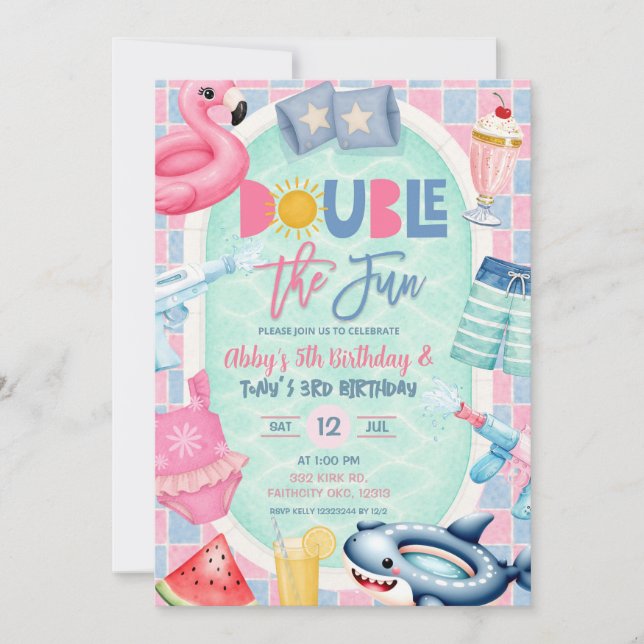 Invitación Cumpleaños conjunto de hermano Piscina fiesta dobl (Anverso)