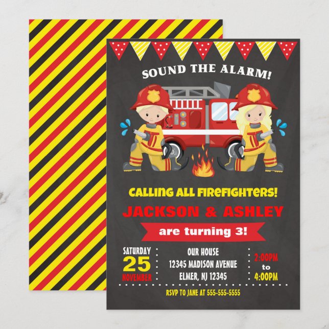 Invitación Cumpleaños conjunto de hermanos bomberos niño niña (Anverso / Reverso)