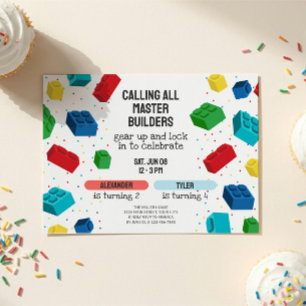 Invitación Cumpleaños conjunto de hermanos con bloques de con