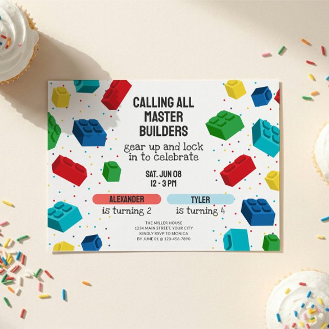 Invitación Cumpleaños conjunto de hermanos con bloques de con (Kids Building Block Dual Birthday Party Invitation)