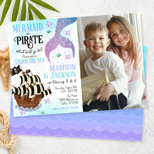 Invitación Cumpleaños conjunto de hermanos con foto de sirena