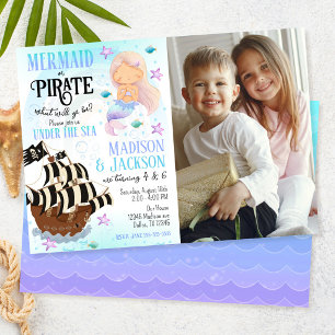 Invitación Cumpleaños conjunto de hermanos con foto de sirena