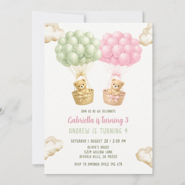 Invitación Cumpleaños conjunto de hermanos con oso y globos (Anverso)