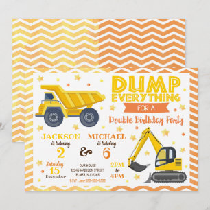 Invitación Cumpleaños conjunto de hermanos Construction Boy