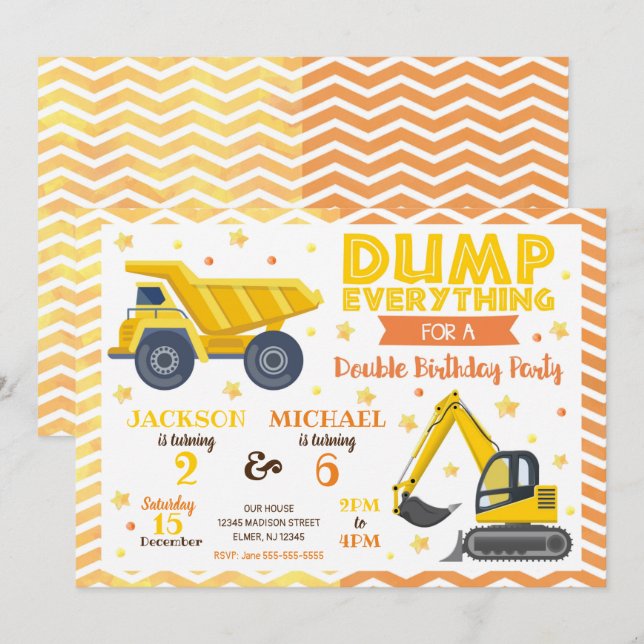 Invitación Cumpleaños conjunto de hermanos Construction Boy (Anverso / Reverso)