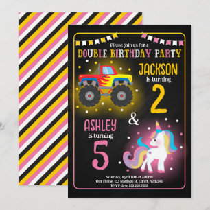 Invitación Cumpleaños conjunto de hermanos de Camión Monstruo