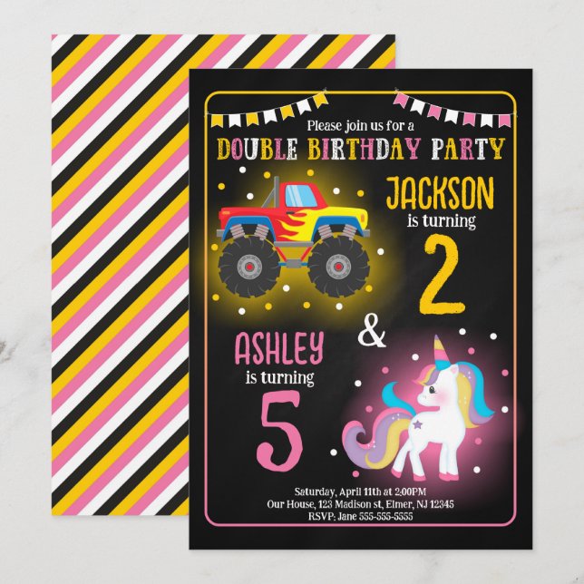 Invitación Cumpleaños conjunto de hermanos de Camión Monstruo (Anverso / Reverso)