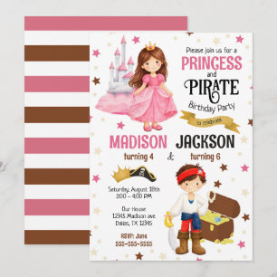 Invitación Cumpleaños conjunto de hermanos de princesa y pira