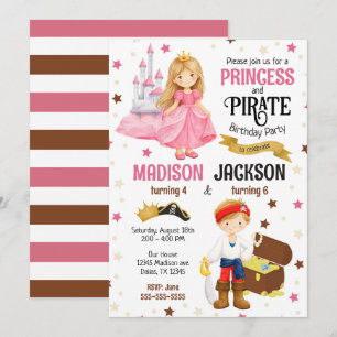 Invitación Cumpleaños conjunto de hermanos de Princesa y Pira