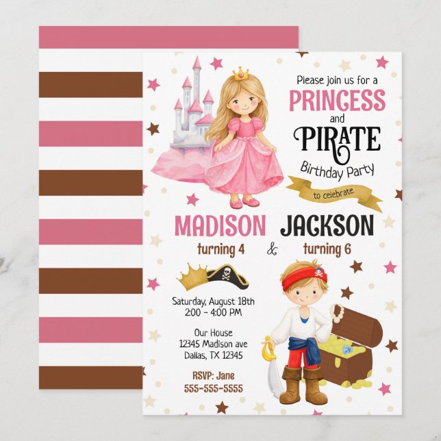 Invitación Cumpleaños conjunto de hermanos de Princesa y Pira (Anverso / Reverso)