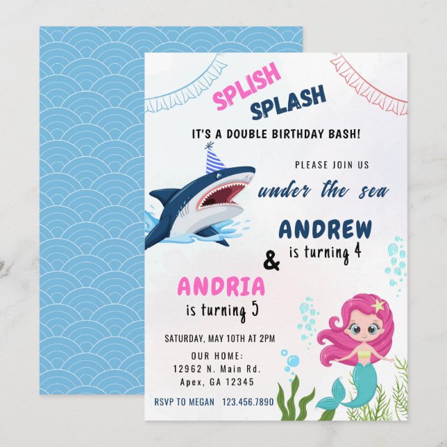 Invitación Cumpleaños conjunto de hermanos de sirena y tiburó (Anverso / Reverso)