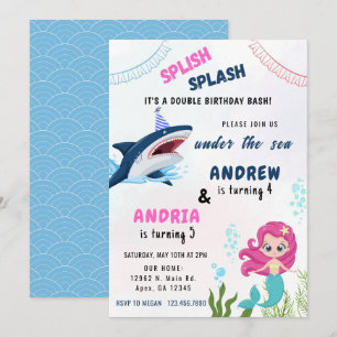 Invitación Cumpleaños conjunto de hermanos de sirena y tiburó