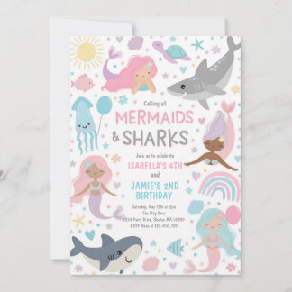Invitación Cumpleaños conjunto de hermanos de sirena y tiburó